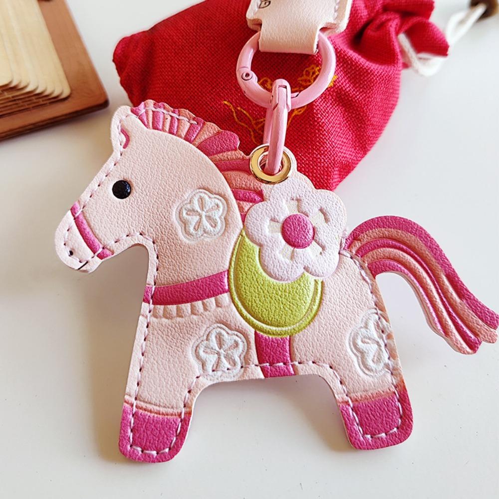 Leather Horse Keychain Access Control Card Holder Zodiac Pony Bag Hanging Year of The Horse