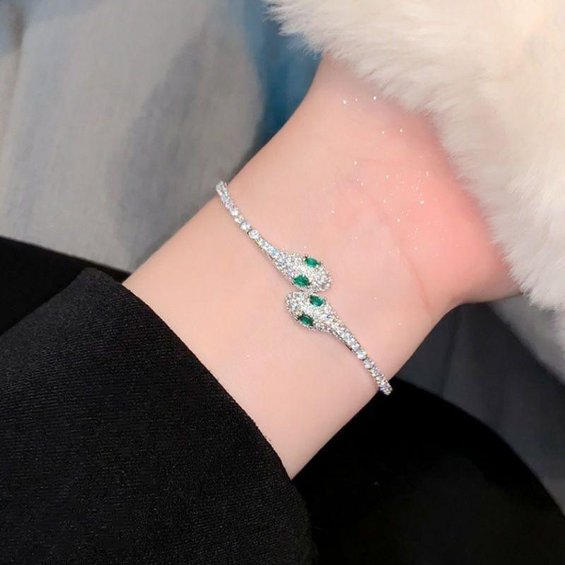 Diamonds Encrusted Snake Chain Bracelet Elegant Adjustable Closure Wrist Bangle Alloy Evening Party Accessory