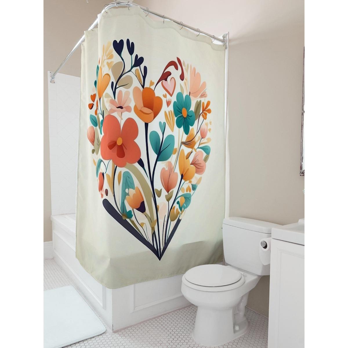 

Colorful Heart-Shaped Floral Print Shower Curtain For Bathroom Decor W60H190(CM)-1 Pcs