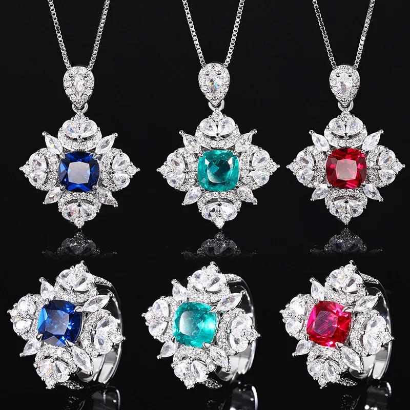 Elegant Crystal Embellished Flower Ring and Necklace with Adjustable Ring Size for Women Available In Blue Green Red Colors
