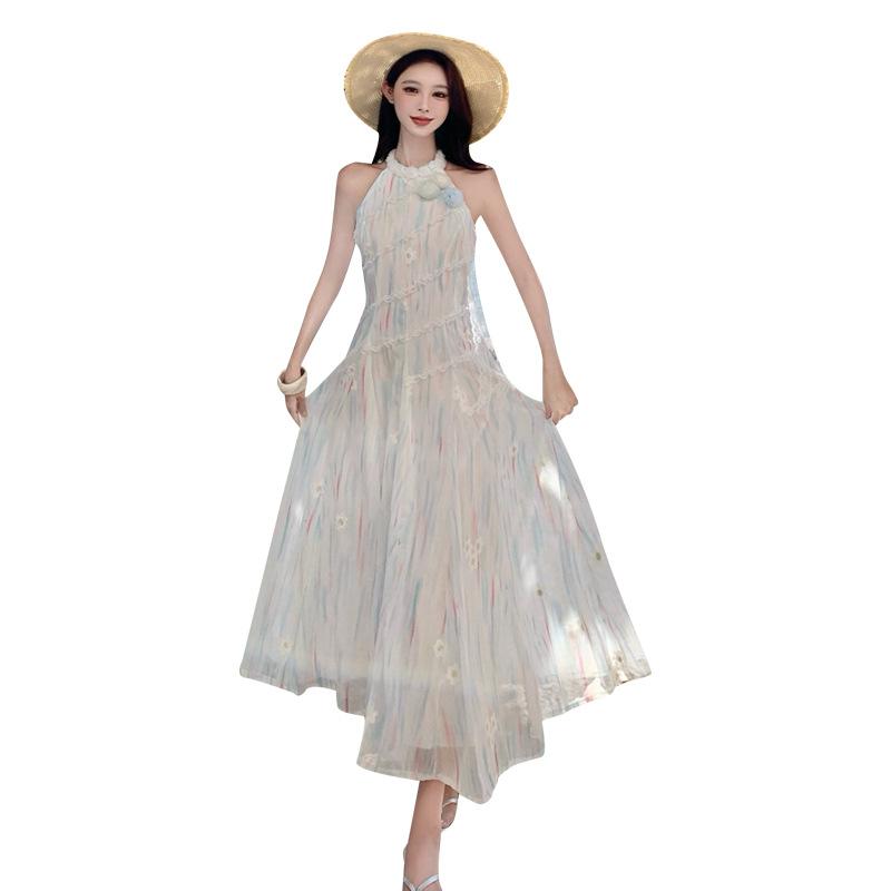 Seaside Vacation Dress Summer Waist Thin Sweet Design Lace Splicing Long Neck Dress