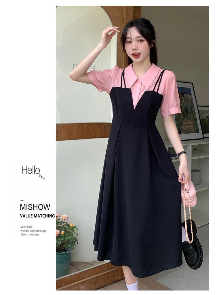 Plus Size Faux Two-Piece Spliced Design Slimming Little Black Dress for a Flattering Summer Look