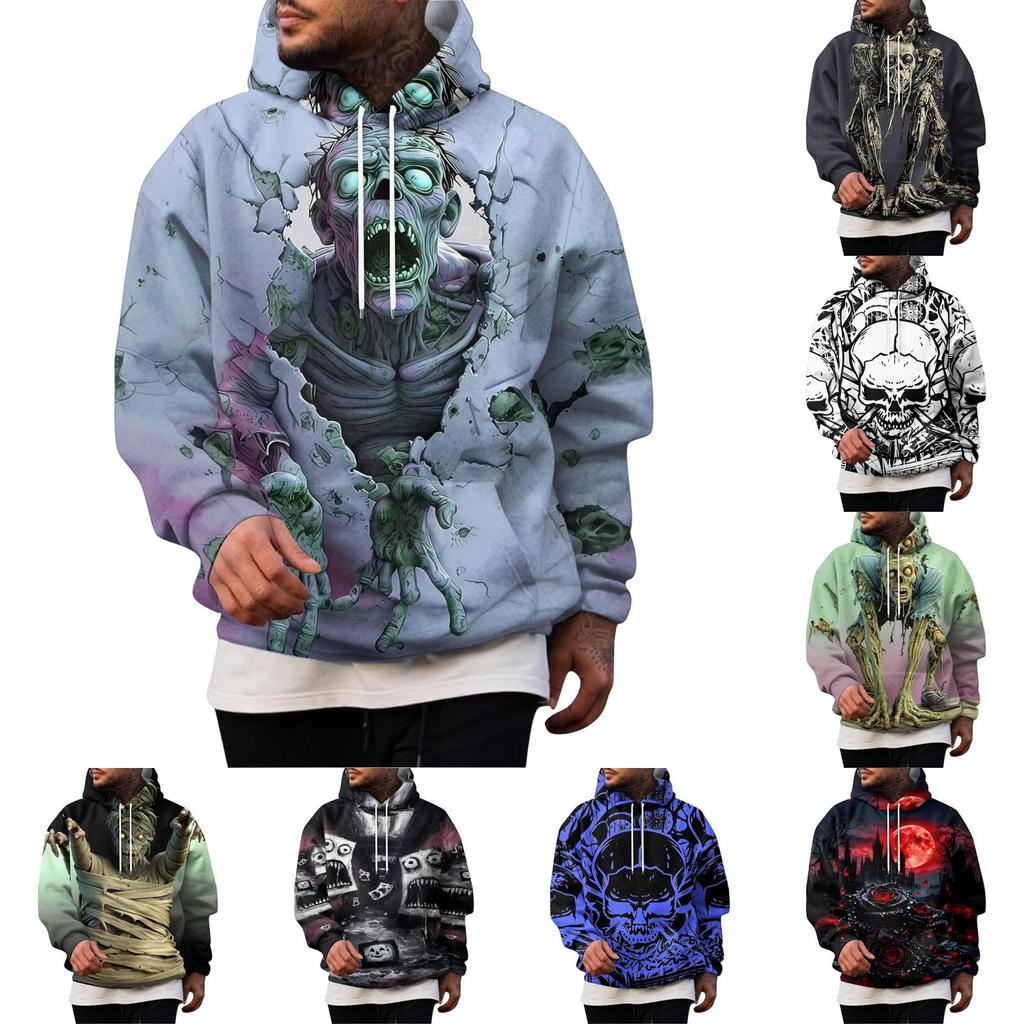 Men's Hooded Halloween Print Pullover Sweatshirt for Casual Costume and Holiday Festivities