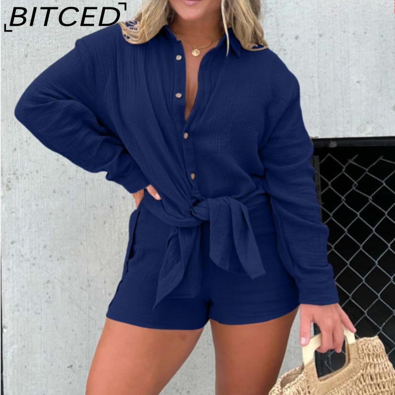 BITCED חולצת נשים שרוול ארוך מבד מקומט סט שני חלקים אופנתי קז'ואל מכנסיים קצרים מותן גבוה