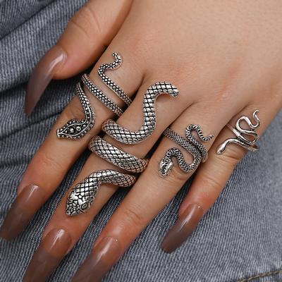 Cool and Handsome Men's Snake Print Ring Punk Style Snake-shaped Animal Retro Exaggerated Four-piece Ring Set