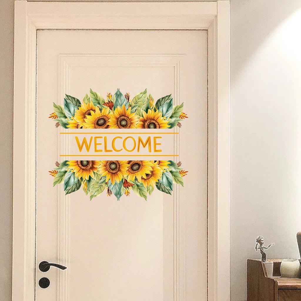 Sunflower Welcome Door Sticker, Self-Adhesive Floral Decal for Bedroom Bathroom Door Frame Decor