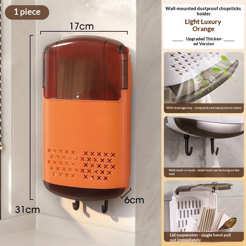 No-Drill Wall Mounted Chopstick Holder With Draining Base Kitchen Cutlery Utensil Storage Box Easy Installation