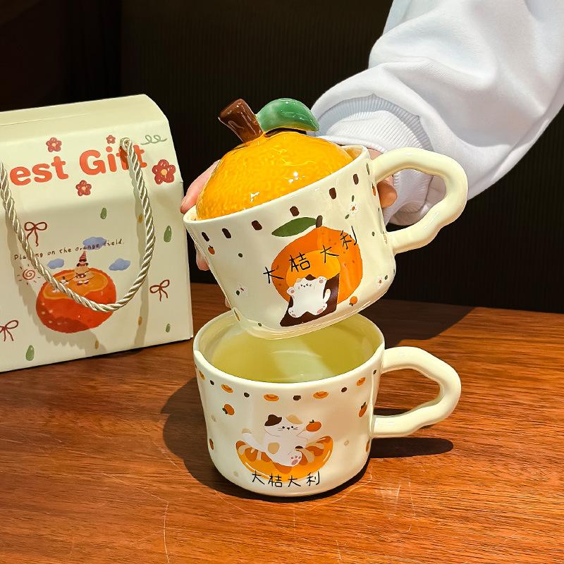 Cadou de Anul Nou al Anului Șarpelui Noroc Noroc Cană Drăguță cu Pisică Portocalie cu Capac Cadou de Ziua de Naștere pentru Fată