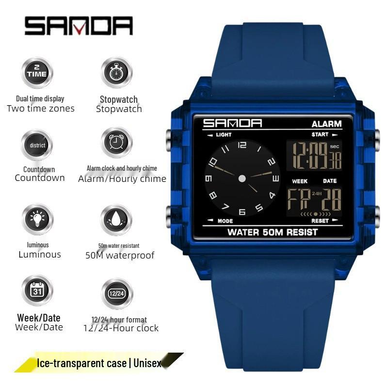 Sanda Transparent Electronic Square Watch with Large Dial for Students - Multifunctional Countdown Sports Wristwatch
