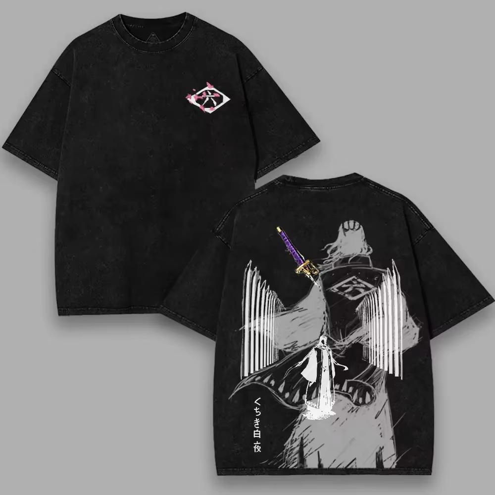 BLEACH Kuchiki Byakuya Anime Graphic T‑shirt Unisex Washed Cotton Oversized Short Sleeve Casual Streetwear Tops