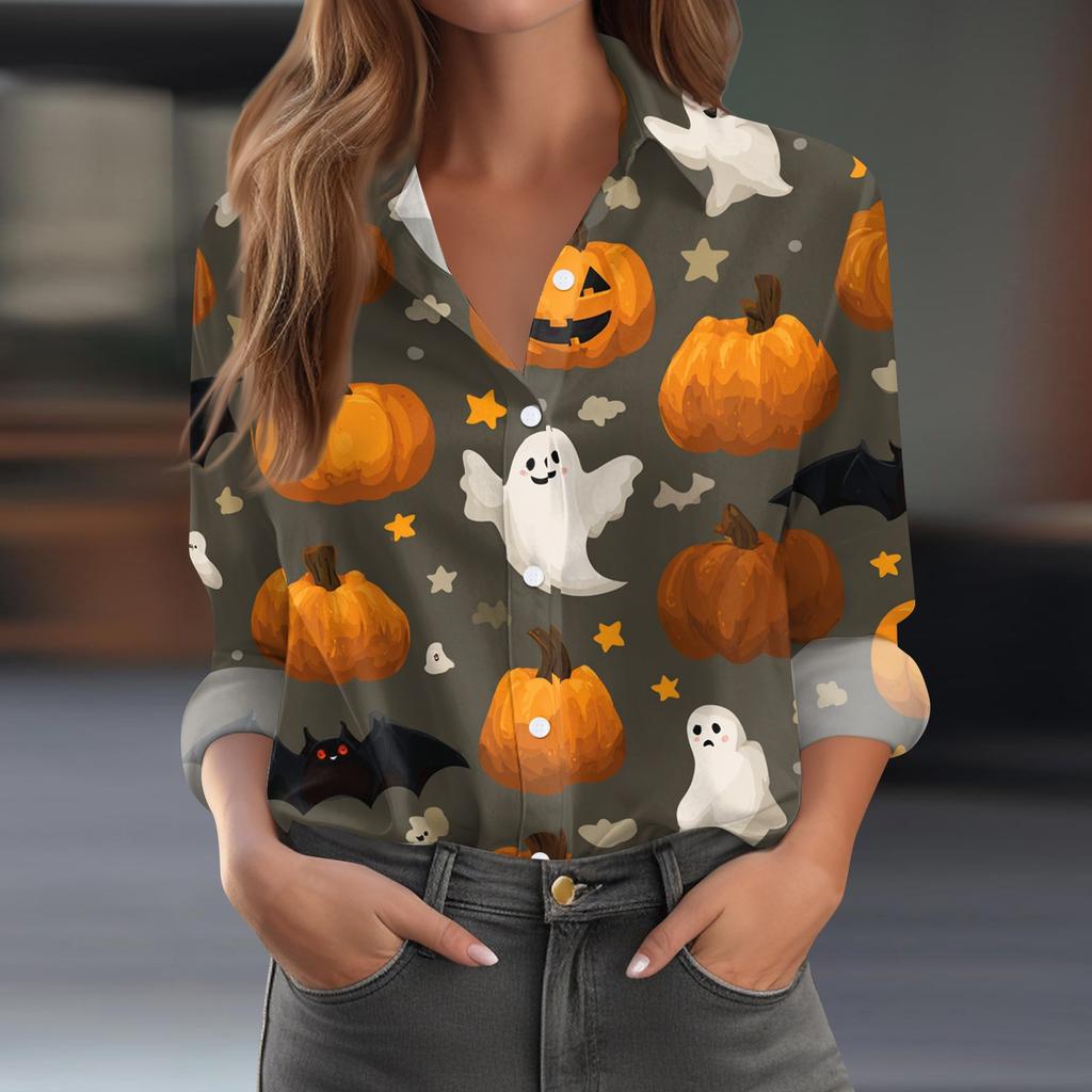 Women's Halloween Printed Casual Half-Open Collar Long Sleeve Shirt