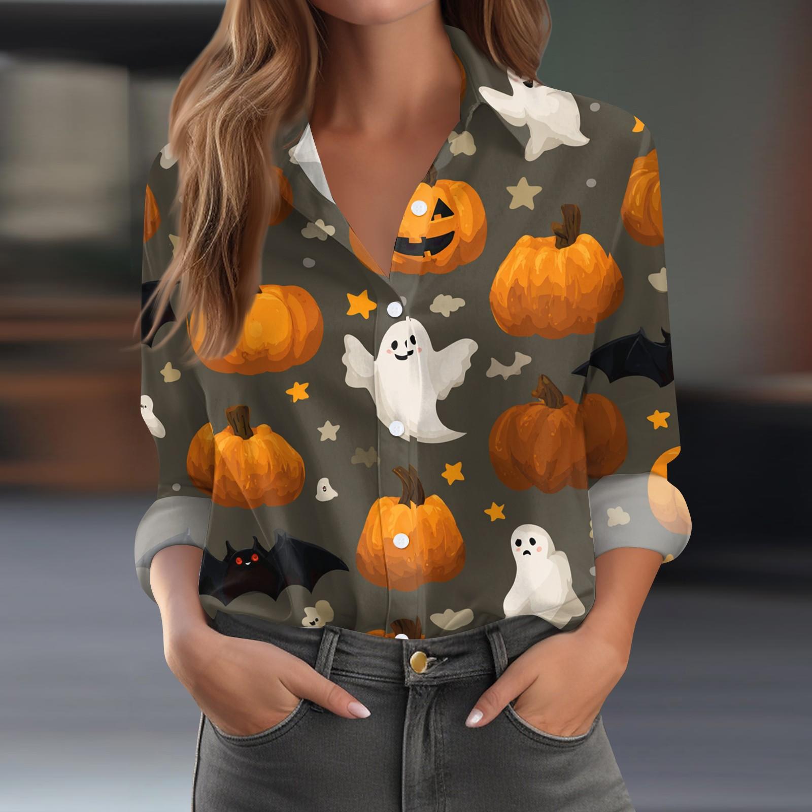

Women s Halloween Printed Casual Half-Open Collar Long Sleeve Shirt S