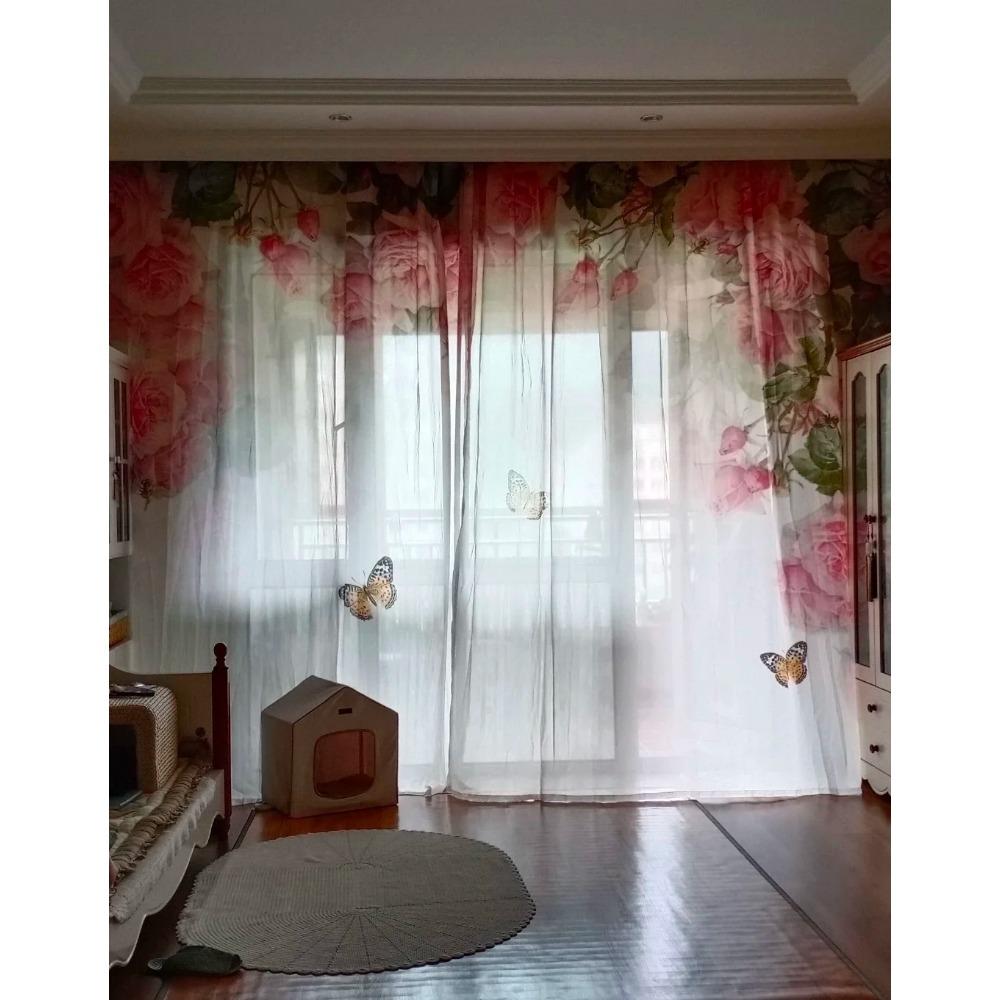 Pink Flower Curtain Green Plant Pastoral Decor Sheer Screen Curtain Living Room Bedroom Floor-to-ceiling Window Voile cortinas