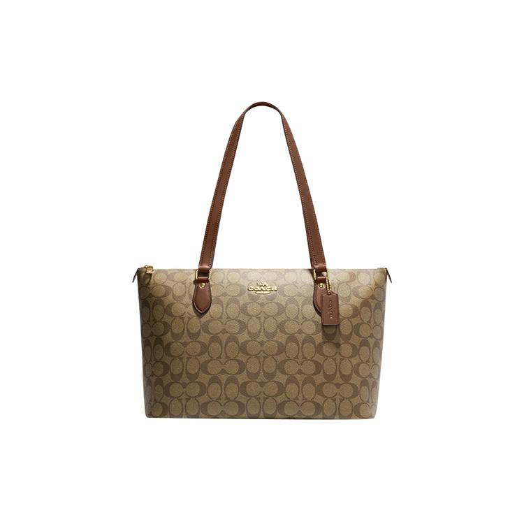 New COACH Zip Top Tote Canvas With Leather Tote Bag, Shopping Bag, Handbag, Shoulder Bag Women's Khaki & White CH504-IME74