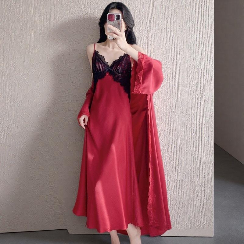 Ice and snow silk long dress women's summer sexy pajamas long suspender nightdress ice lace backless loungewear with chest pad