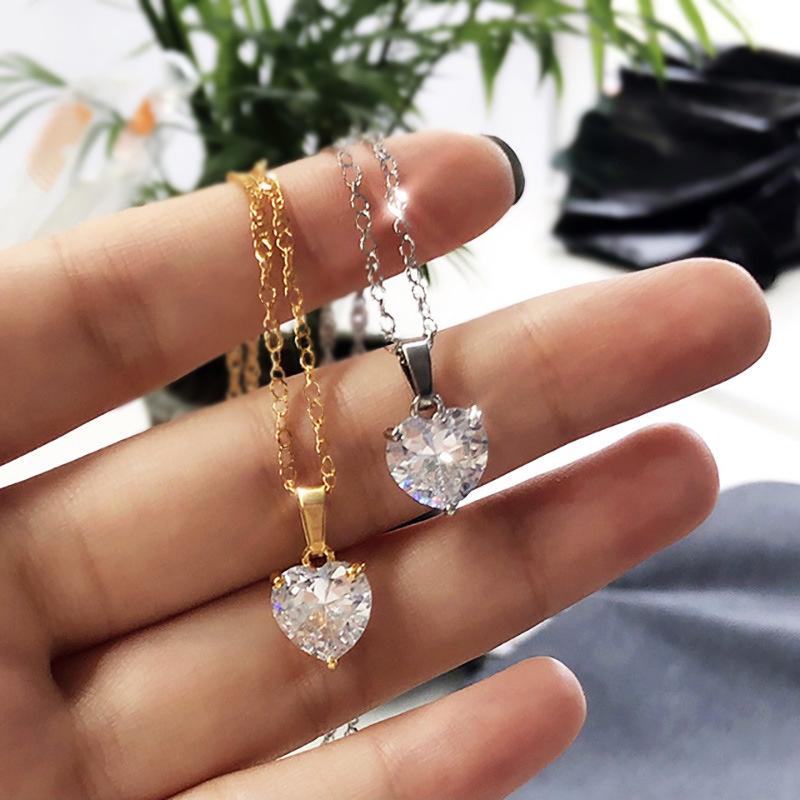 Gold & Silver Plated 2PCS Heart CZ Pendant Necklaces, Minimalist Four-Prong Solitaire Cable Chain Set for Women