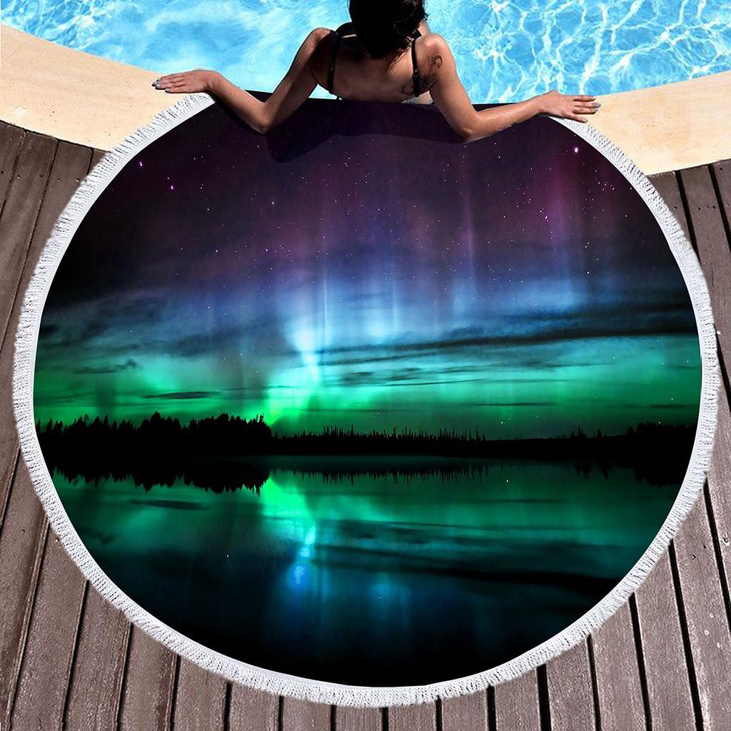 Beautiful Aurora Round Beach Towel with Tassels,Sand Free Quick Dry Circle Beach Blanket Roundie Yoga Meditation Mat Picnic Rug