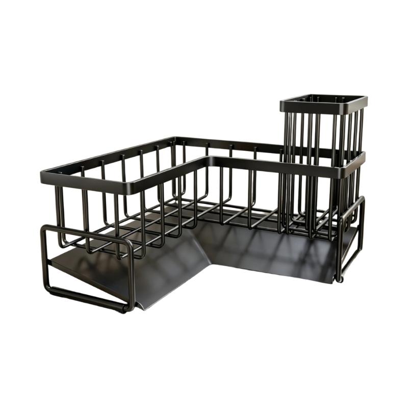 Carbon Steel Kitchen Sink Rack with Separate Storage Sections, a Water-Catching Bottom Tray and Freestanding Placement for Cleaning Supplies
