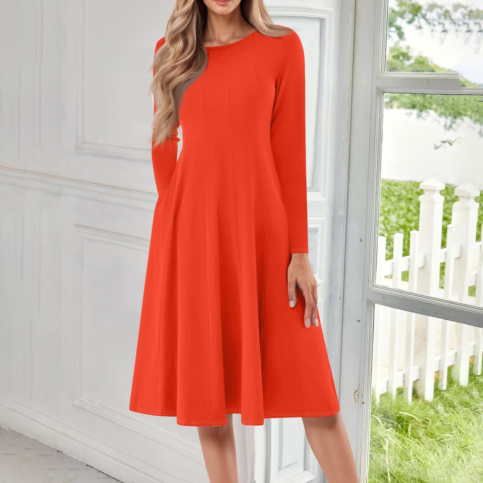 

Жіноча повсякденна модна суцільна сукня міді з круглим вирізом і довгими рукавами XXL помаранчевий