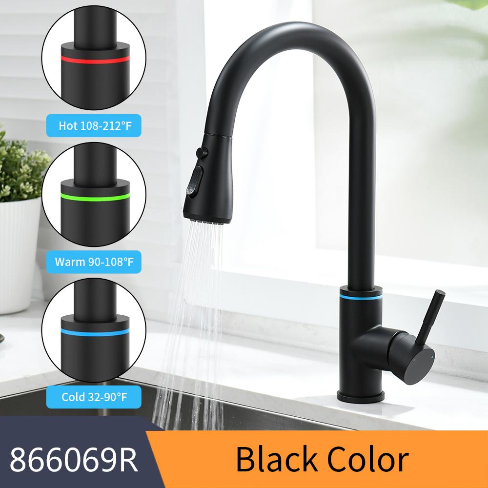 Brushed Nickel Kitchen Faucet Single Hole LED Style Pull Out Spout Kitchen Sink Stream Sprayer Head Black Mixer Tap LED 866006
