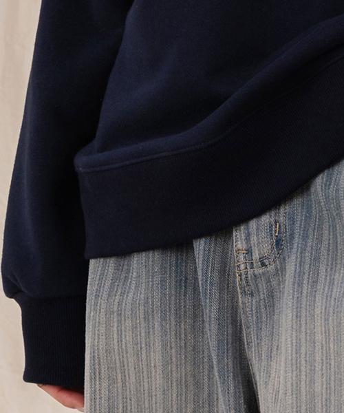 Ellamo French Terry Two-Button Denim Collar Oversized Sweatshirt [Navy]