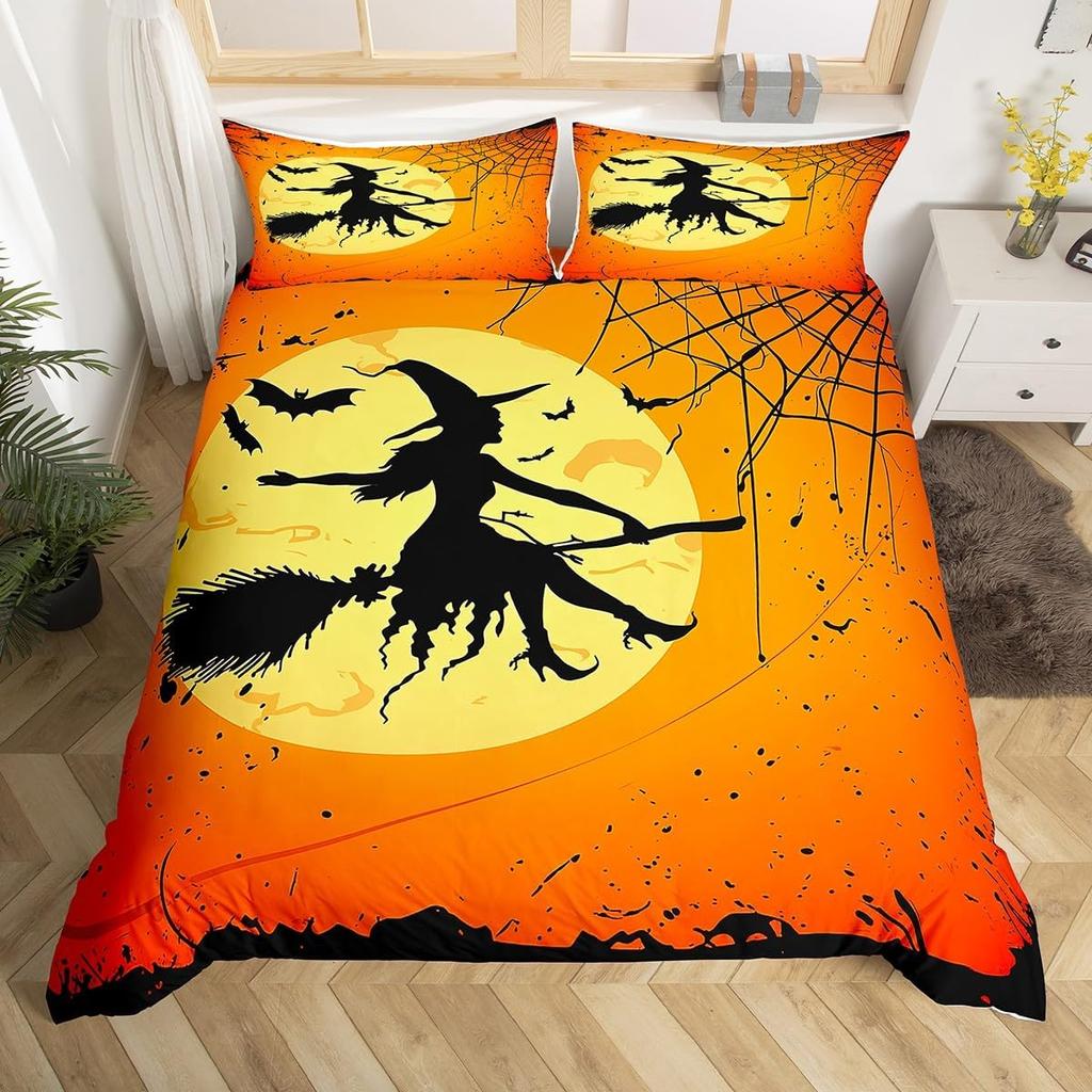 Halloween Bedding Set Full, Pumpkin Lantern Duvet Cover Castle Bat Pattern Comforter Cover, Cartoon Horror Festival Quilt Cover