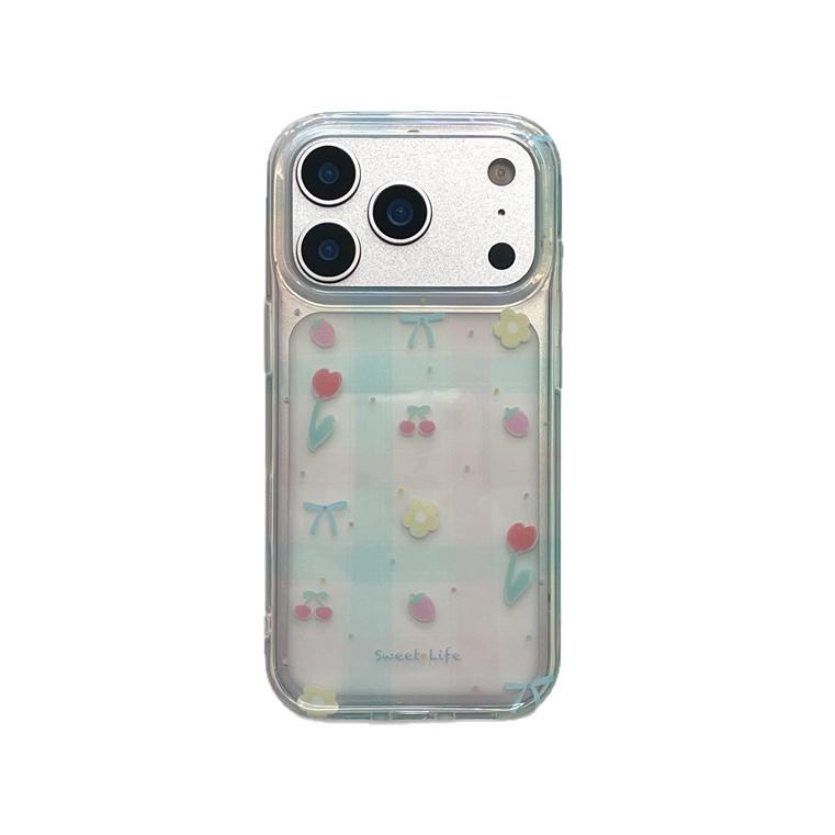 Semi-Transparent Green & Pink Plaid with Tulip & Strawberry Design Phone Case for iPhone 14/15/16 Pro Max/17