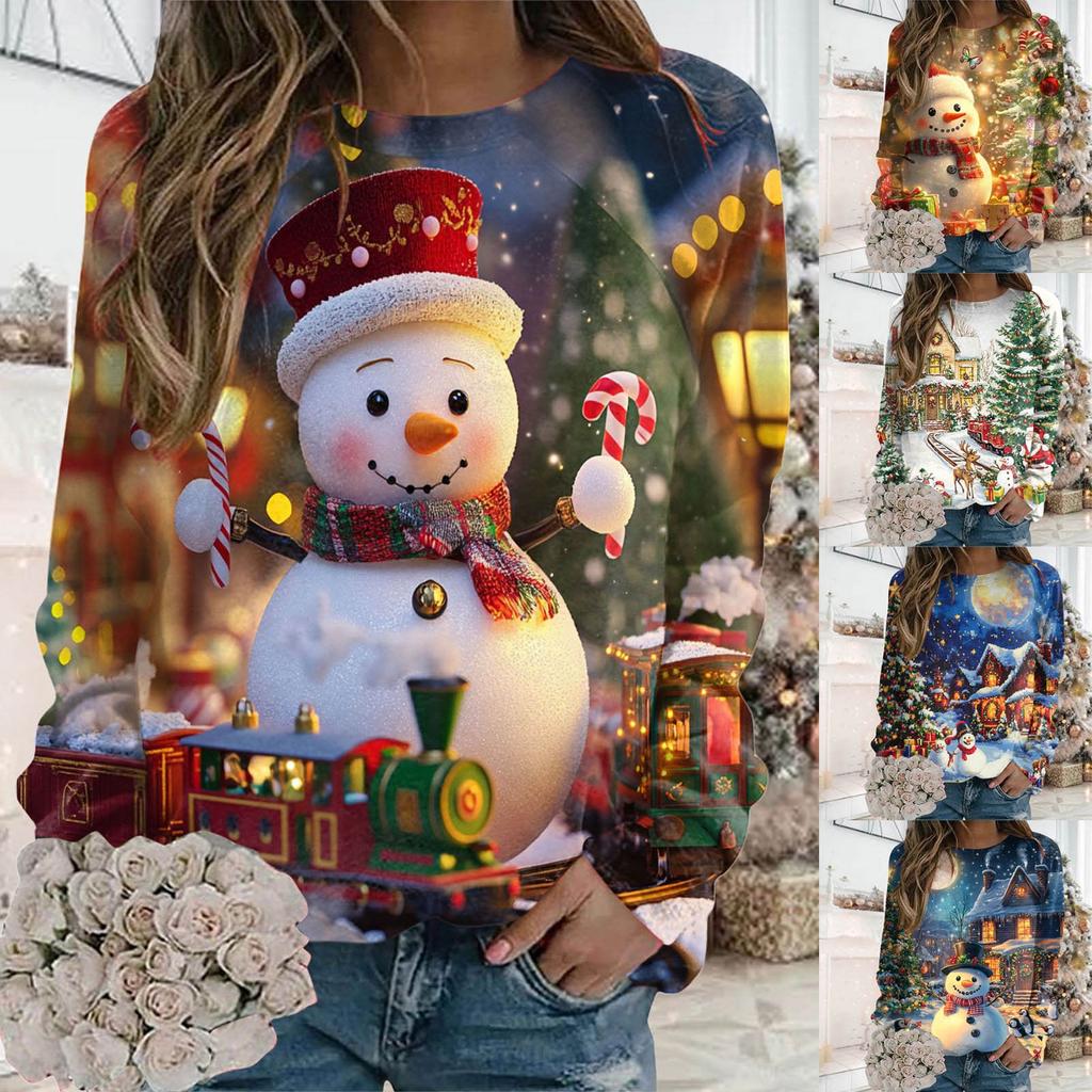 Womens Christmas Sweatshirt Cute Holiday Print Long Sleeve Round Neck Pockets Oversize Top Loose Sweatshirts Outerwear