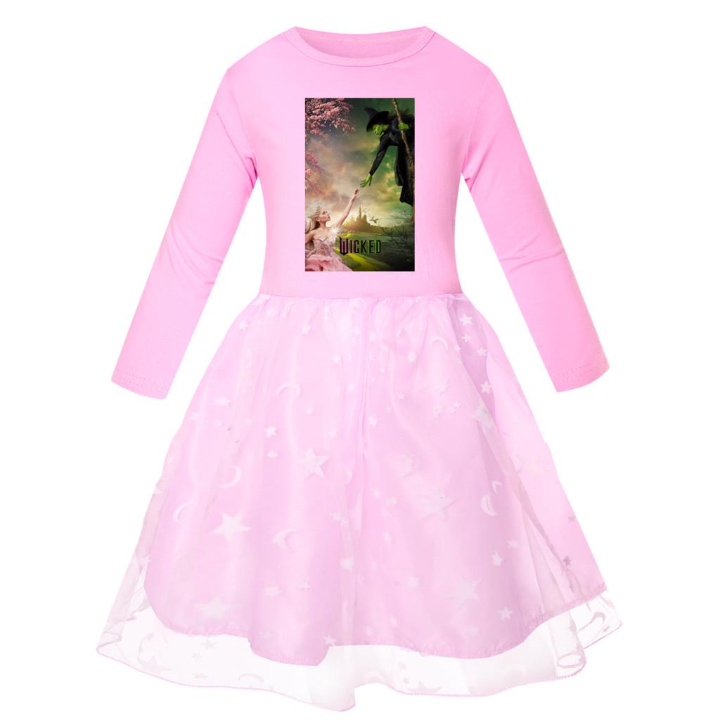 Kids Girls Witch Glinda Print Mesh Rainbow Round Neck Casual Cotton Dress
