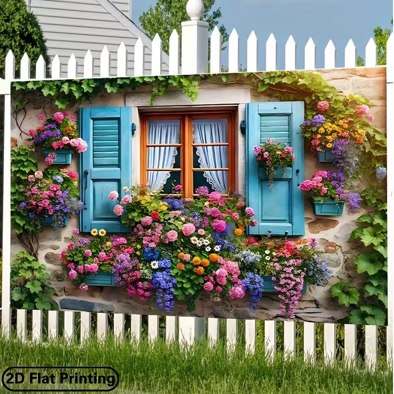 2D Blumenfenster Kulisse, Rustikales Steinhaus mit Weinranken Fotografie Hintergrund für Alle Anlässe