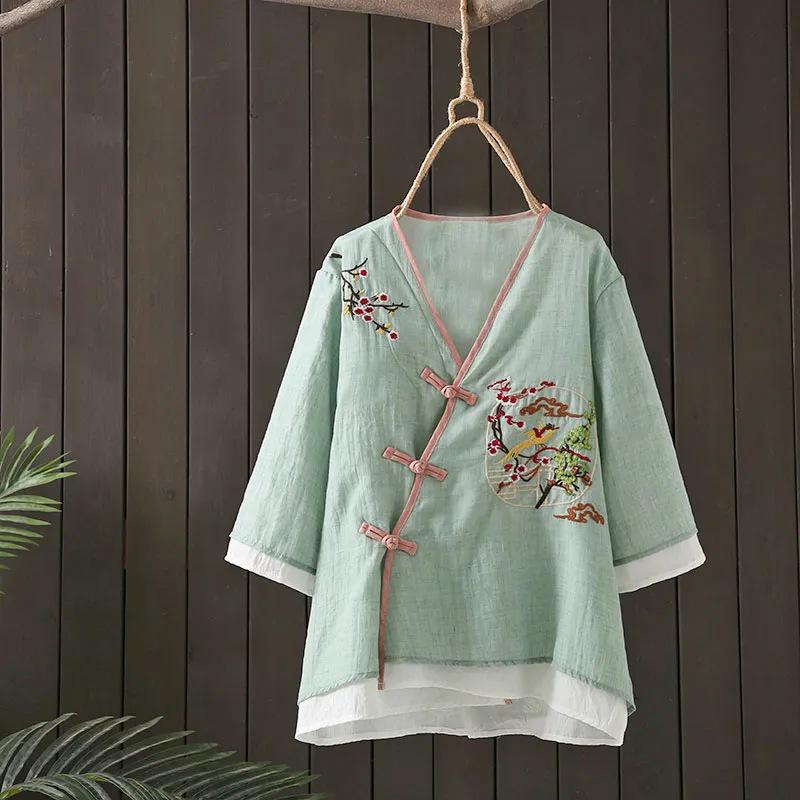 Embroidered V-Neck Chinese Style Buttoned Cardigan Dress – Women's Retro Five-Point Sleeve