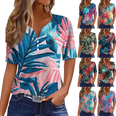 Women's T Shirt Tee Print Button Short Sleeve Daily Weekend Fashion Basic V- Neck Regular Top