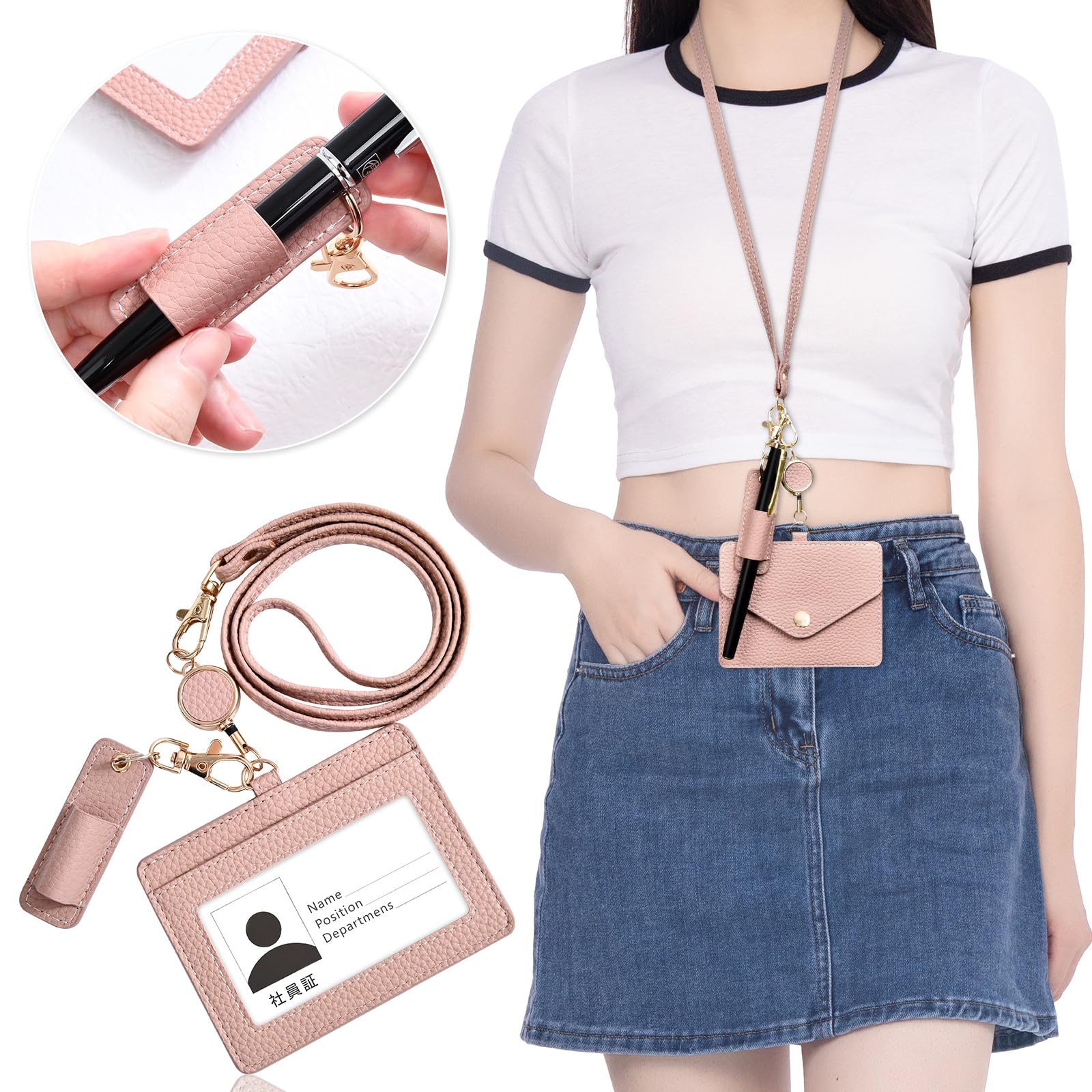 

YooFa Чехол для пропуска с горизонтальным держателем для имени, держатель для карт с шейным шнурком, два кармана для карт, горизонтальный чехол для ID-карты сотрудника, для проездного билета, шейный шнурок, ручка