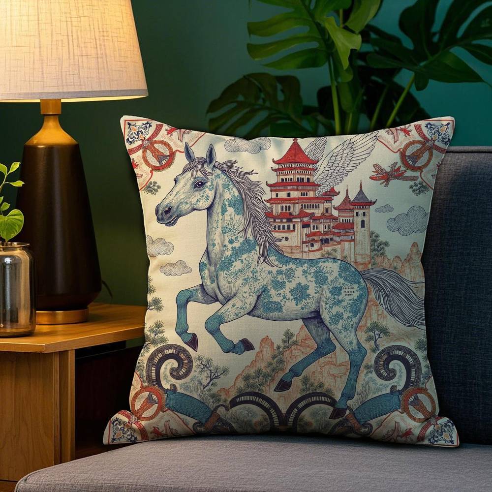 Home Decor Exotic Horse & Palace Pattern Pillow Covers Pattern Cushion Cover Suitable for Sofa Bedroom Car Pillow Cover