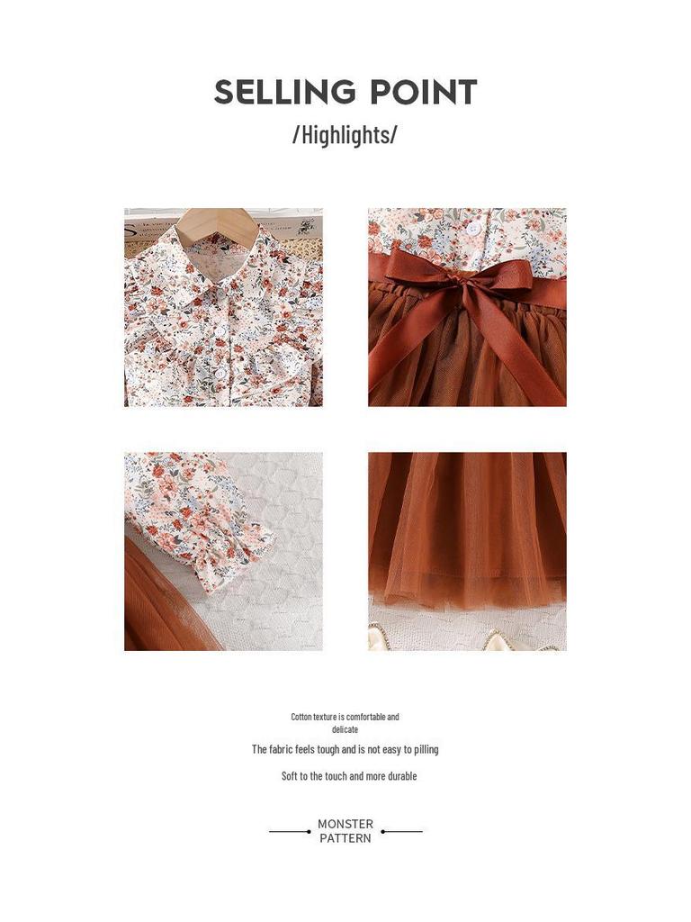 Pastoral Floral Girls' Two-Piece Set: Bow Waistband Top & Mesh Ruffle Skirt