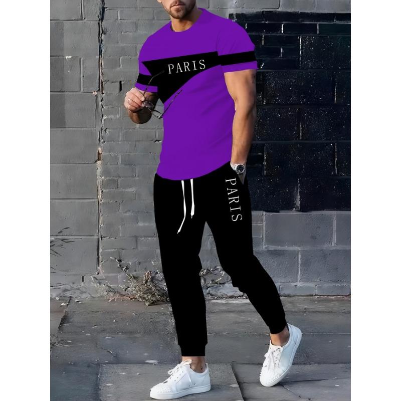 Men's 3D Printed Geometric Pattern Short-Sleeved T-Shirt and Pants Set - All-Season Casual Set, Featuring Paris Letters