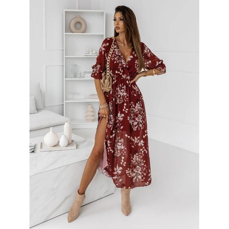 Women Floral Print Maxi Dress V Neck Lantern Sleeve High Waist Split Side Casual Vacation Dress