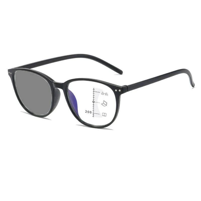 Women Round Photochromic Reading Glasses Trendy HD Color Changing Multifocal Glasses Men Anti-blue Ultralight Presbyopia 0+4.0