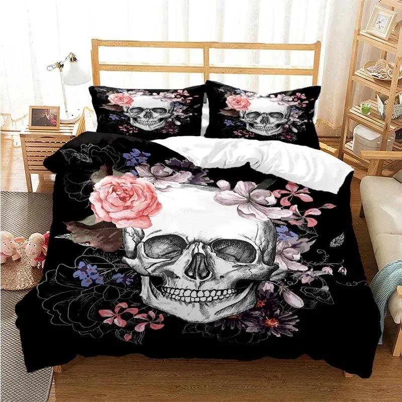 Socker Skalle Påslakanset Queen Size Blommor Skelett Sängkläder Dubbelt Sängklädesset Med Örngott King Size Skalle Täcke