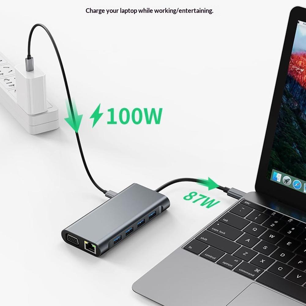 11 In 1 Type-C Docking Station Multi-Port Hub Adapter USB 3.0 with HD/VGA/LAN/Audio/Card Reader/USB Ports for Laptops