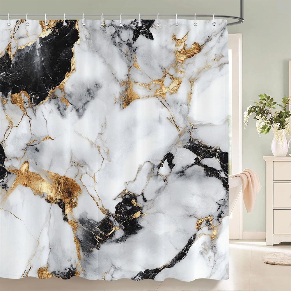 Abstract Marble Pattern Shower Curtain, Geometric Printed Bathroom Decorative Shower Curtain, Fabric Home Curtain with Hooks