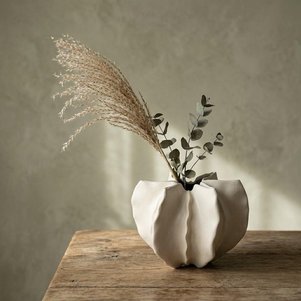 Minimalist Sculptural Ceramic Vase – Wabi-Sabi Style Decorative Flower Holder for Modern Home Decor грязно-белый