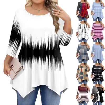 Womens Plus Size 3/4 Sleeve Shirts  Round Neck Tunic Tops Basic Loose Fit Tee Tops L-5XL