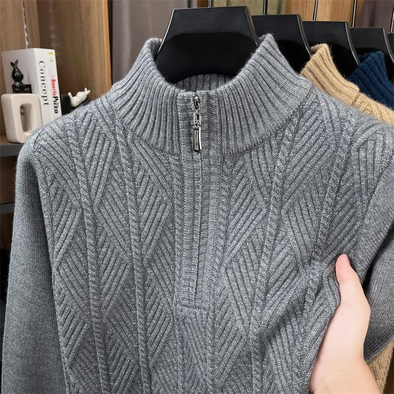 Mens Half Zip Thickened Pullover Knit Sweater Business Casual Warm Winter Bottoming Top