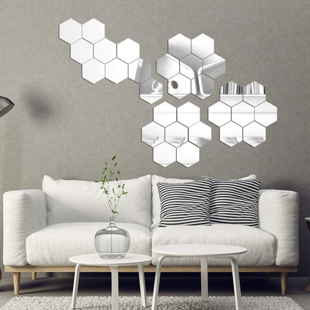 12pcs 3.15×2.76×1.57in Hexagon Mirror Wall Sticker Acrylic Self-adhesive Mirror Tile  Office
