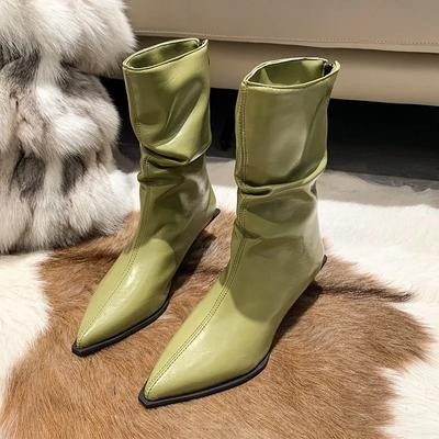 Módní Tenké Střední Podpatky Kotníkové Boty Dámské Zimní Boty Značkové Skládané Špičaté Krátké Boty Designové PU Kůže Botas Mujer