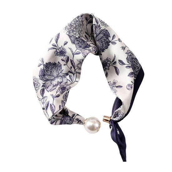 Women Silk Scarf Striped Leopard Dot Print Silk Scarf Necklace with Faux Pearl Magnetic Buttons Formal Wear Accessories