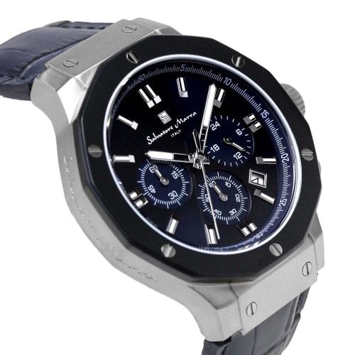 Salvatore Marra Men's Chronograph Watch, 10 ATM Water Resistant, Leather Strap, Business Style, 20th Anniversary Limited Edition, Blue/Navy, SM18117-S