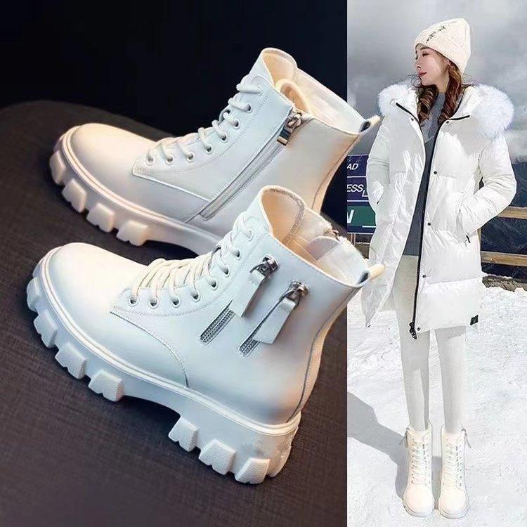 Booties 2025 New Korean Style Fleece-Lined Autumn Winter High-Top Cotton Shoes Women's Boots High Heel Mid-Calf Bootsins