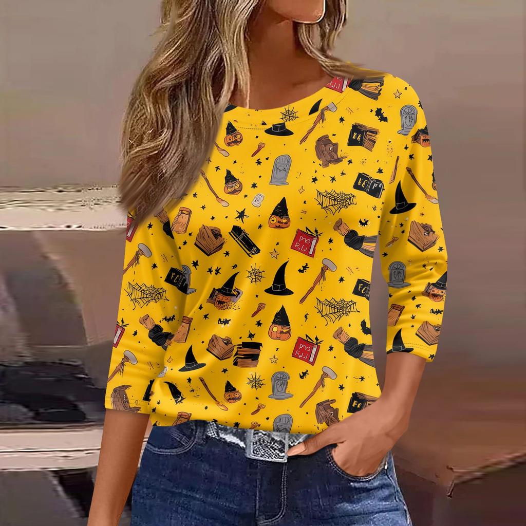Womens Casual Loose Fit Halloween Print T Shirt Round Neck Three Quarter Sleeve Blouse Comfortable Everyday Wear